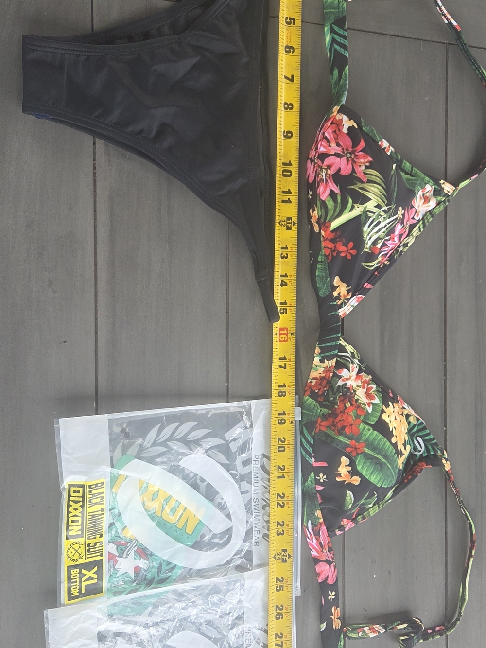 DIXXON Black Floral Triangle Bikini Top with Solid Black Bottoms